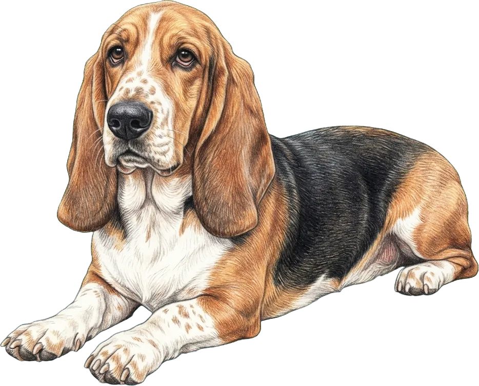 Coloured-pencil illustration of the Basset Hound