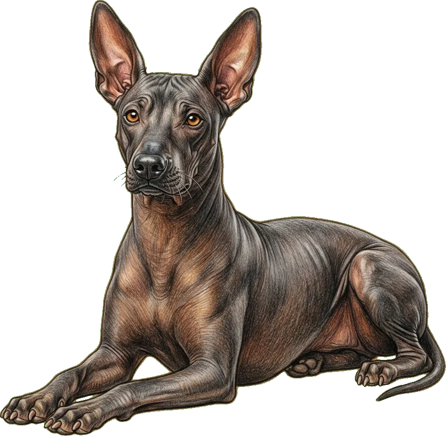 Coloured-pencil illustration of the Xoloitzcuintli