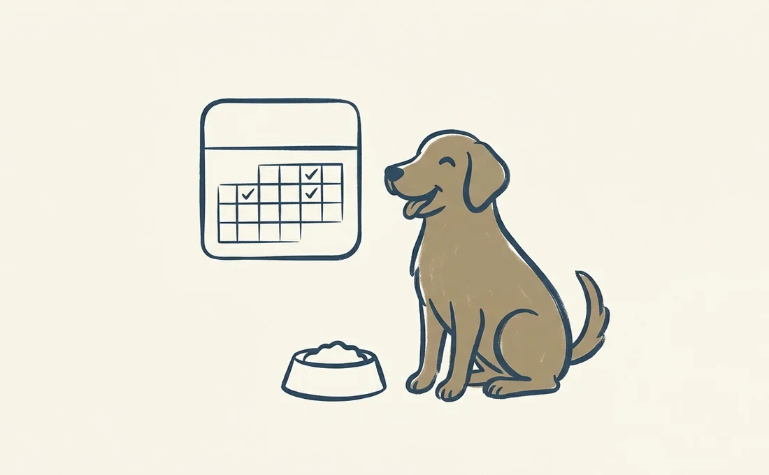 Illustration of a printable monthly feeding calendar with checkmarks and a dog