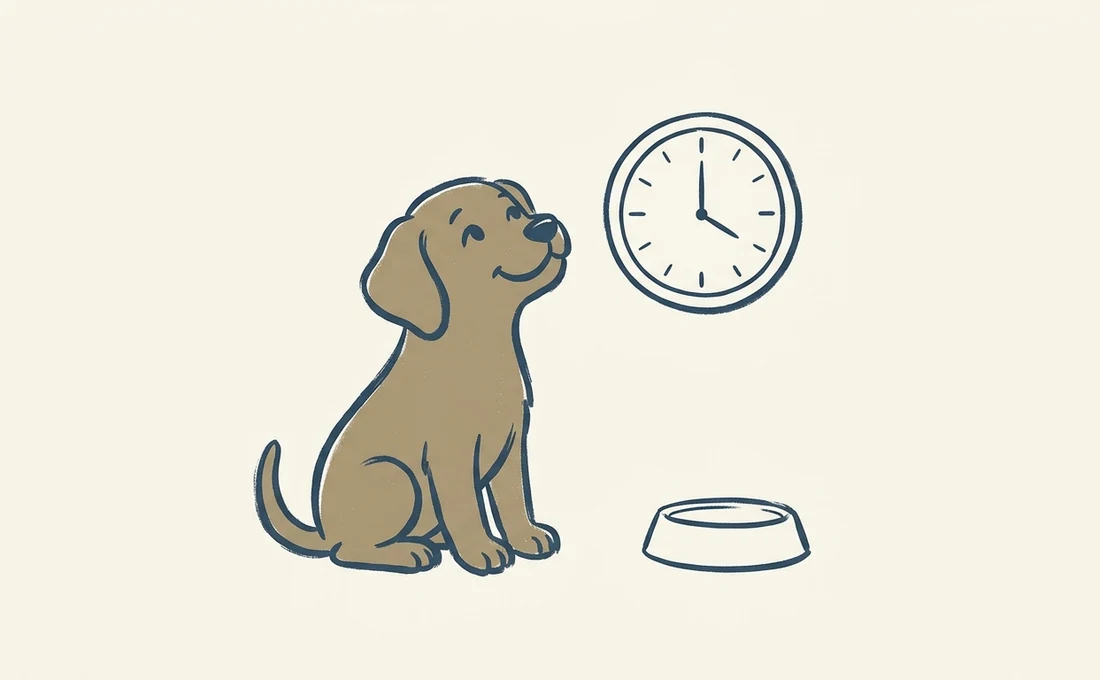 Illustration of a daily puppy potty-break schedule with clock icons and a puppy