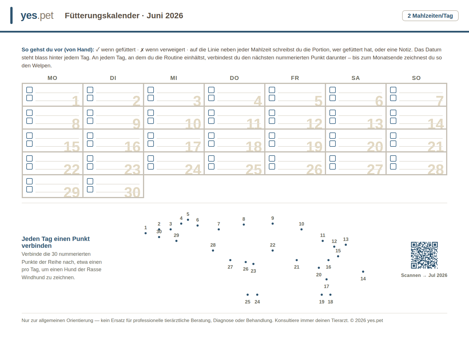 Druckbarer Welpen-Fütterungsplan-Kalender für den Monat mit einem Kästchen zum Abhaken für jede der drei täglichen Mahlzeiten, einem Punkt-zu-Punkt-Rätsel und einem QR-Code, um nächsten Monat zu drucken