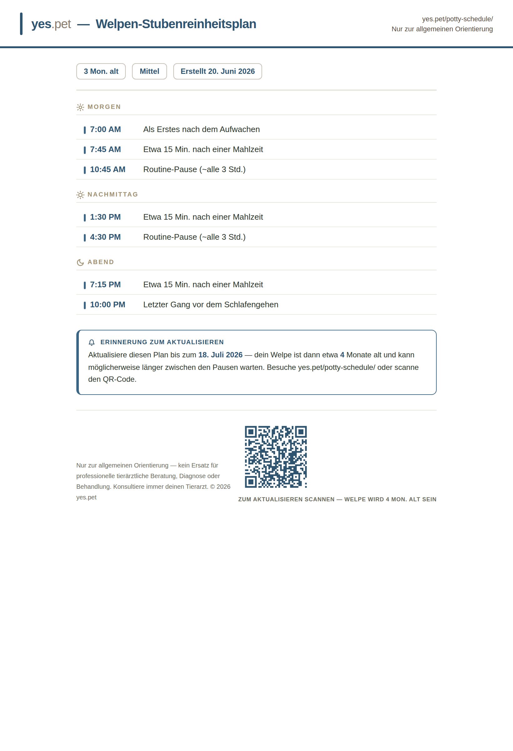 Druckbarer Stubenreinheits- bzw. Toilettentrainingsplan für Welpen, gruppiert in Vormittag, Nachmittag und Abend, mit einem QR-Code, um ihn nächsten Monat neu zu erstellen