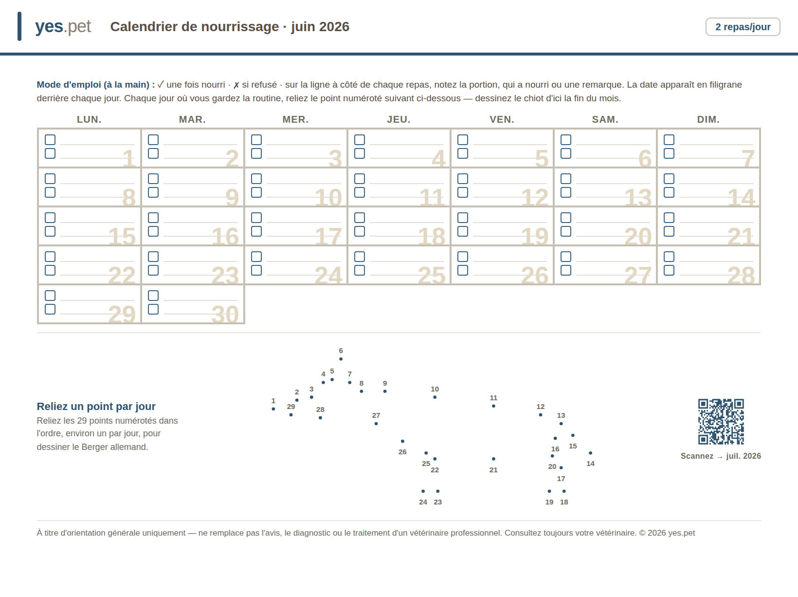 Calendrier imprimable du programme des repas pour chiot pour le mois, avec une case à cocher pour chacun des trois repas quotidiens, un jeu de points à relier et un QR code pour l'imprimer le mois suivant