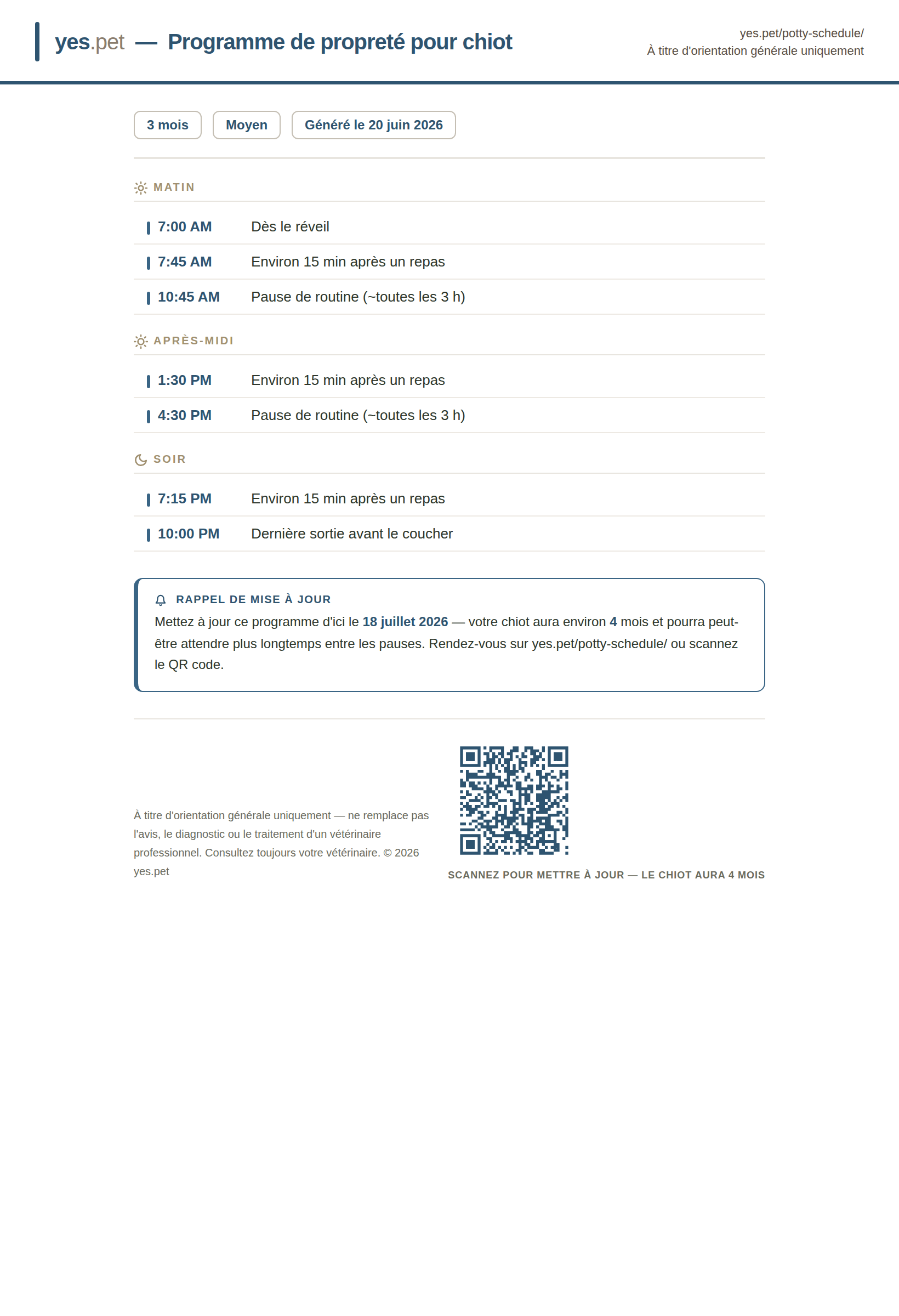 Programme de propreté imprimable pour chiot regroupé en matin, après-midi et soir, avec un QR code pour le régénérer le mois suivant