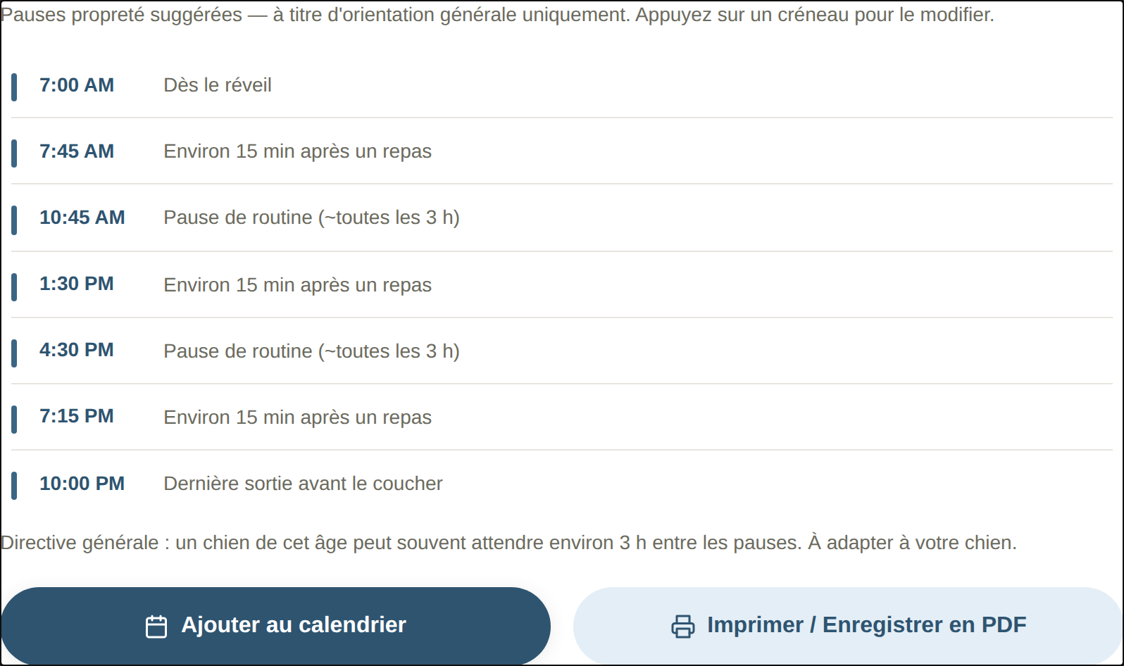 Résultat du programme de propreté du chiot montrant les heures quotidiennes de sorties propreté, du réveil à 7h00 au coucher à 22h00, avec les boutons Ajouter au calendrier et Imprimer