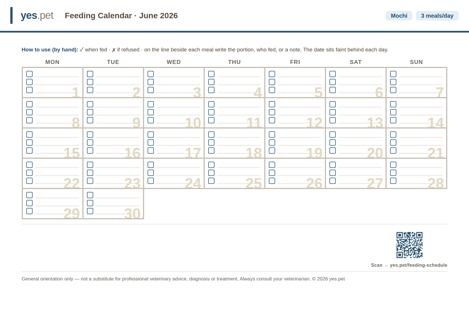 Printable puppy feeding schedule calendar for the month with a tick box for each of three daily meals, a connect-the-dots puzzle, and a QR code to print next month