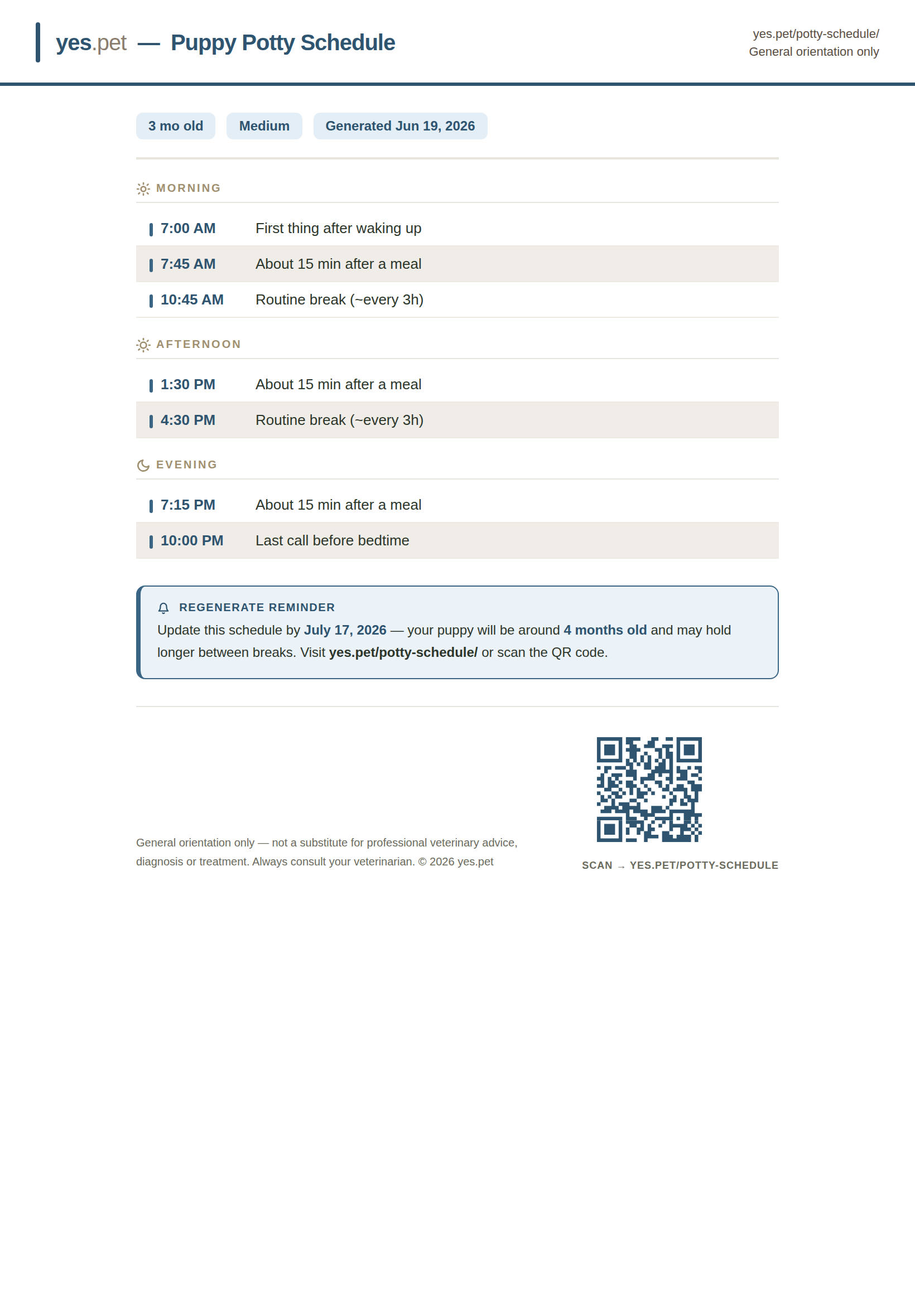 Printable puppy potty / toilet training schedule grouped into morning, afternoon and evening, with a QR code to regenerate it next month