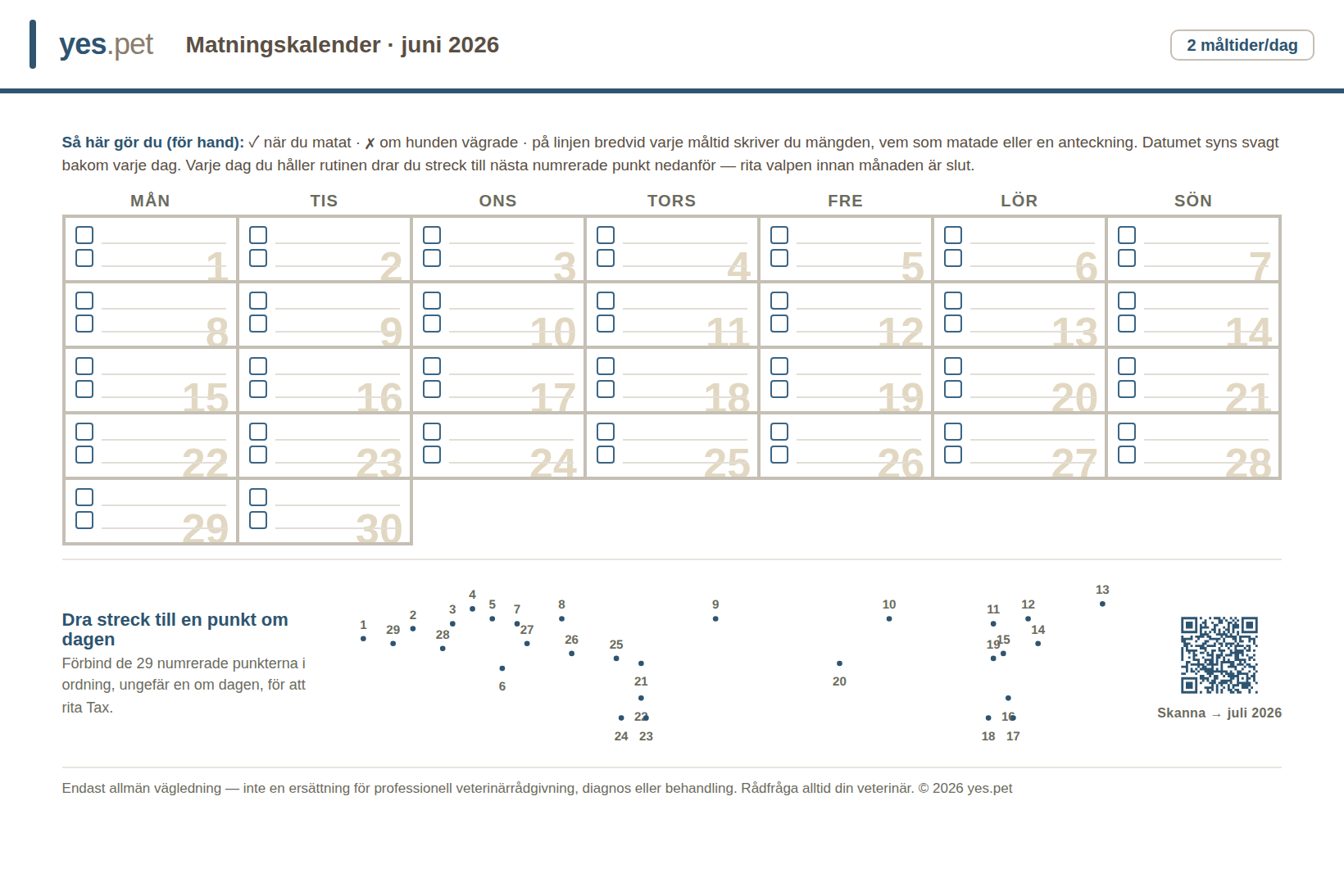 Utskrivbar kalender med valpens utfodringsschema för månaden, med en kryssruta för var och en av tre dagliga måltider, ett pricka-till-prick-pussel och en QR-kod för att skriva ut nästa månad